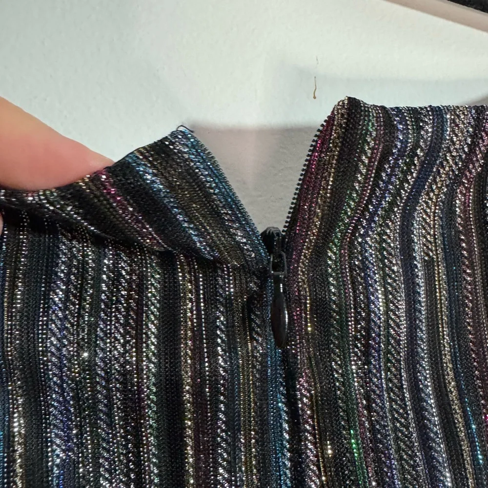 Trina Turk Metallic Pleated V Neck Mini Dress Long Sleeve Size 8